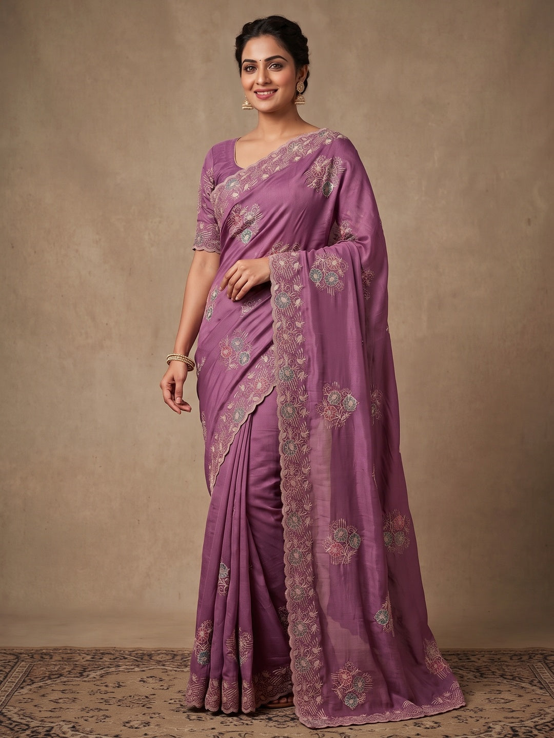 Peachmode Mauve Georgette Kanak Vol 1 Embroidered Saree - Image 5