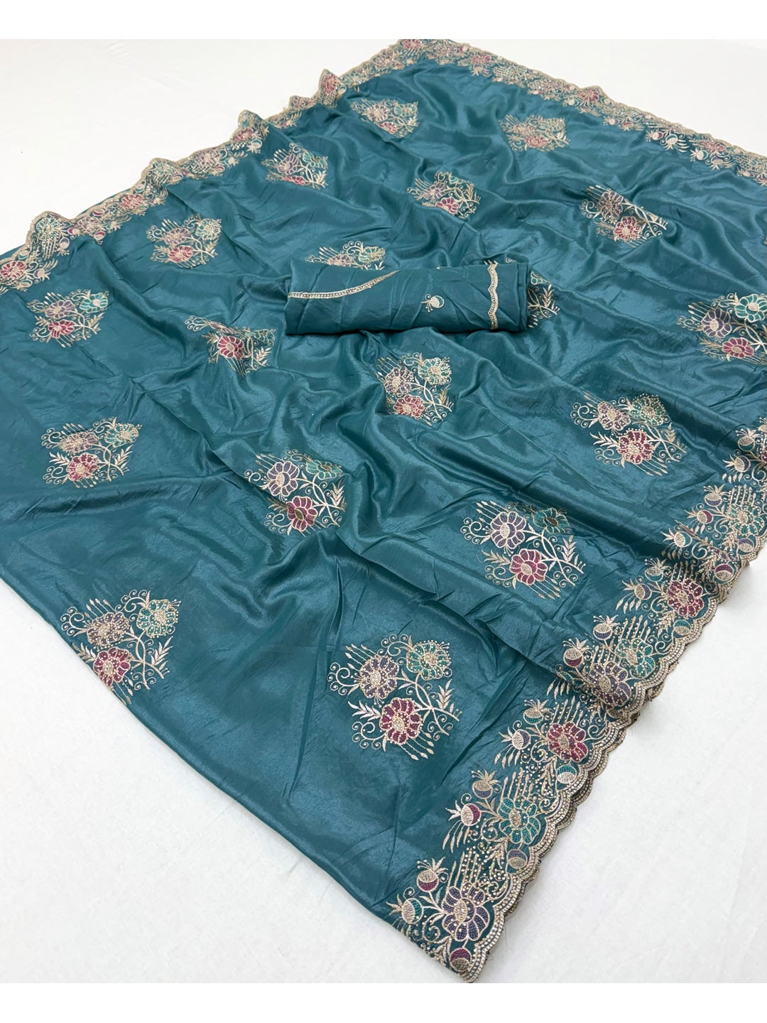 Peachmode Teal Blue Georgette Kanak Vol 1 Embroidered Saree - Image 2