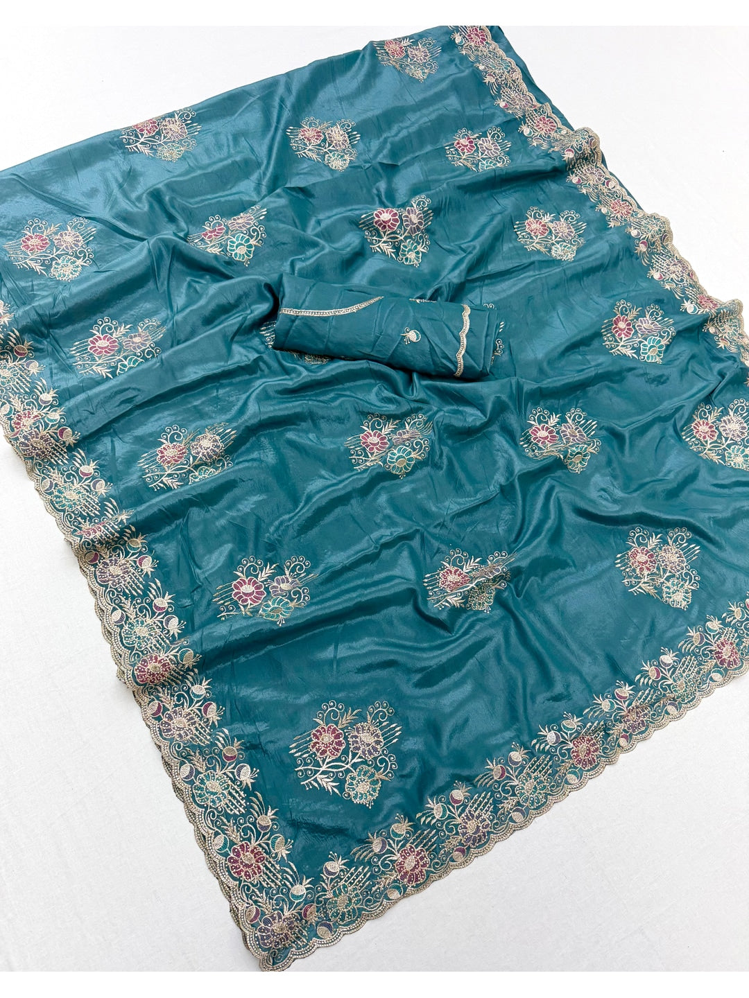 Peachmode Teal Blue Georgette Kanak Vol 1 Embroidered Saree - Image 3