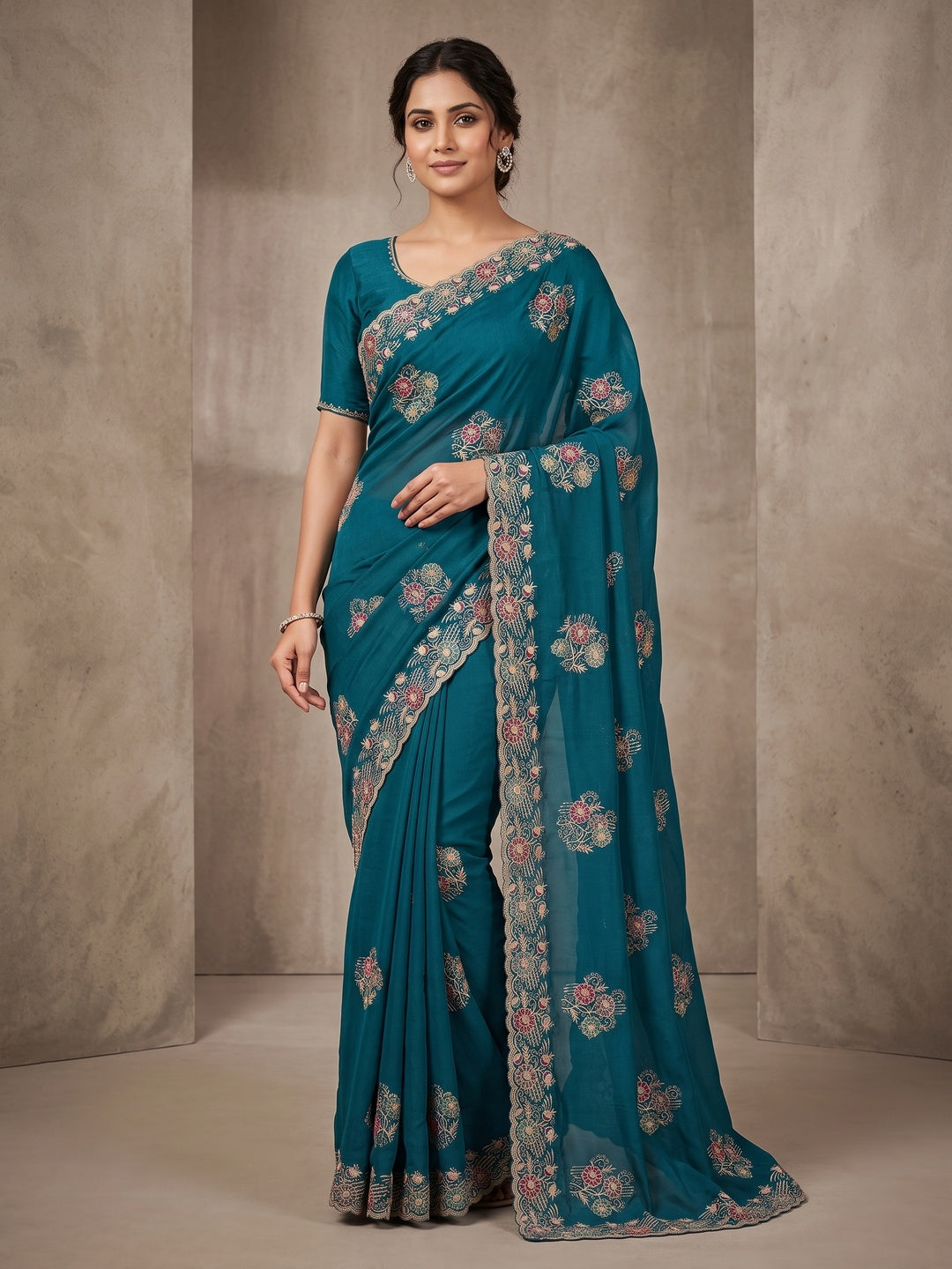 Peachmode Teal Blue Georgette Kanak Vol 1 Embroidered Saree - Image 1