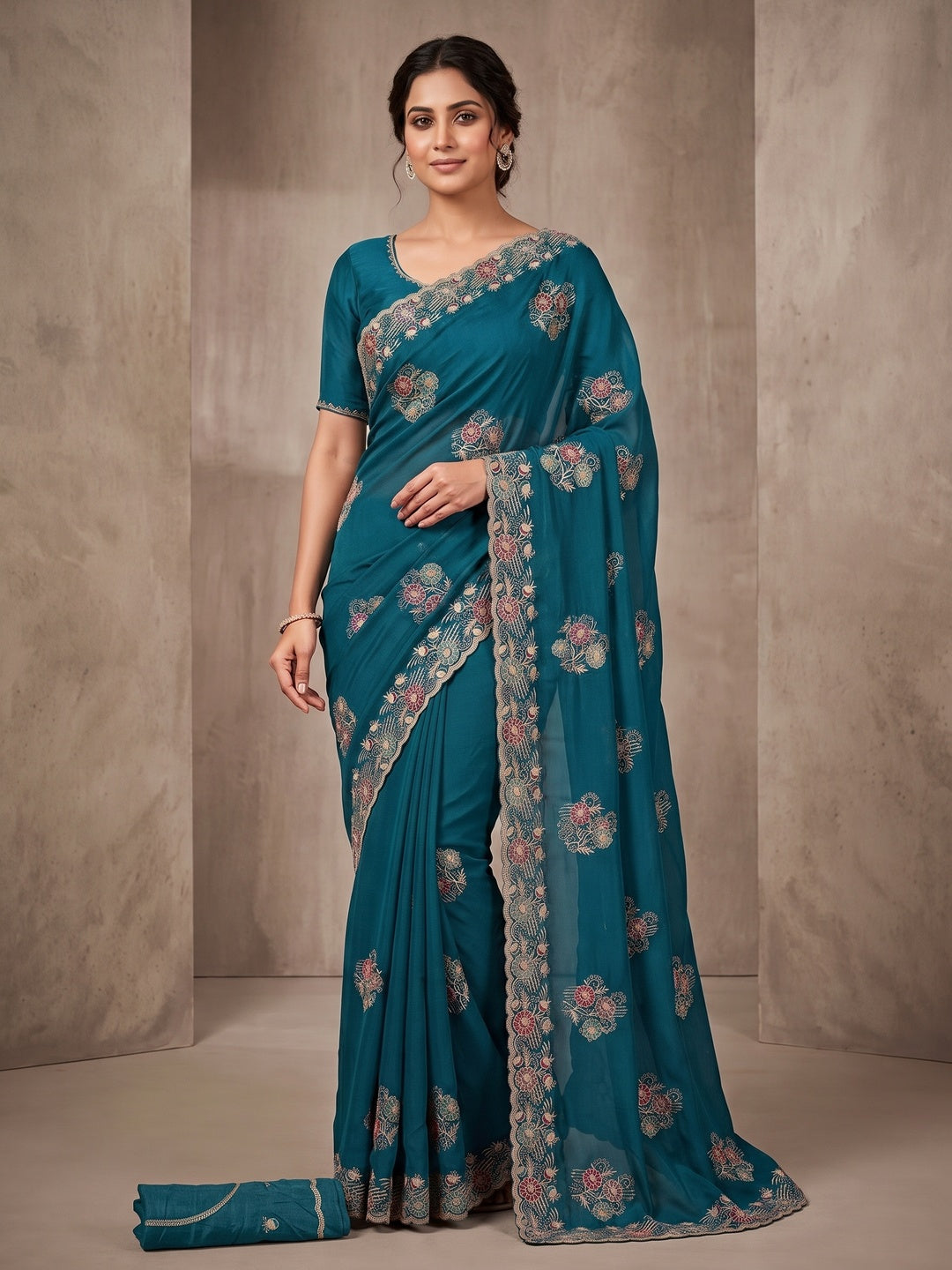 Peachmode Teal Blue Georgette Kanak Vol 1 Embroidered Saree - Image 4