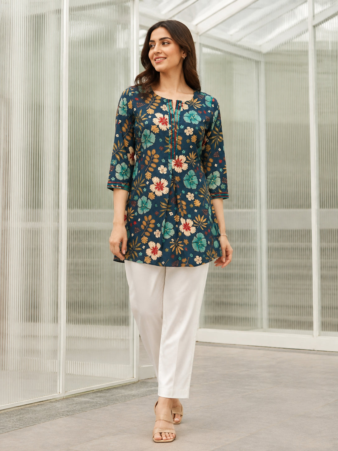 Peachmode Teal Blue Rayon Floral Printed Embroidered Top - Image 1