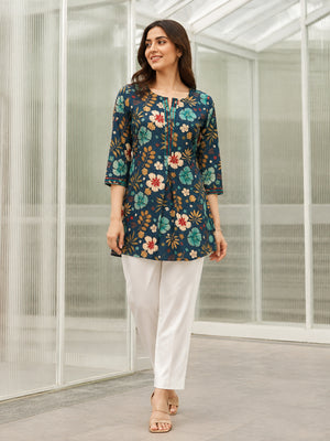 Peachmode Teal Blue Rayon Floral Printed Embroidered Top - Image 1