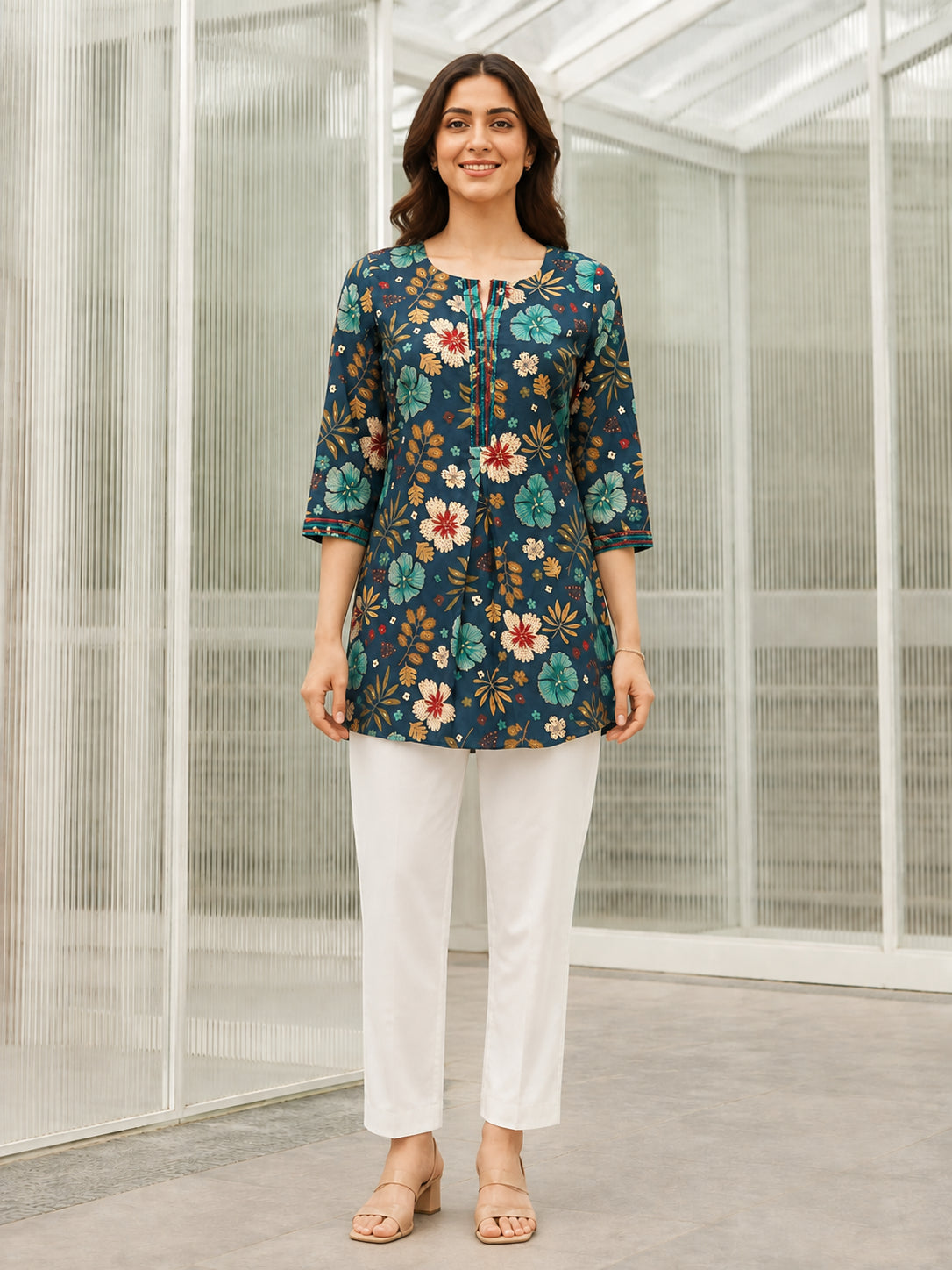 Peachmode Teal Blue Rayon Floral Printed Embroidered Top - Image 2
