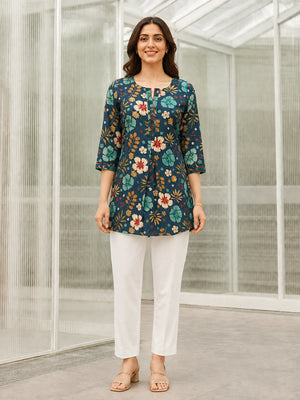 Peachmode Teal Blue Rayon Floral Printed Embroidered Top - Image 2