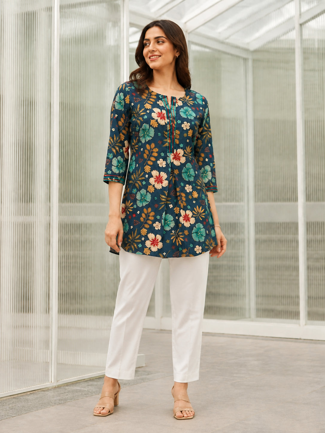 Peachmode Teal Blue Rayon Floral Printed Embroidered Top - Image 5