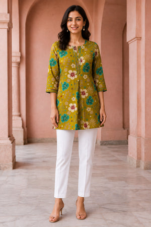 Peachmode Liril Green Rayon Floral Printed Embroidered Top - Image 2