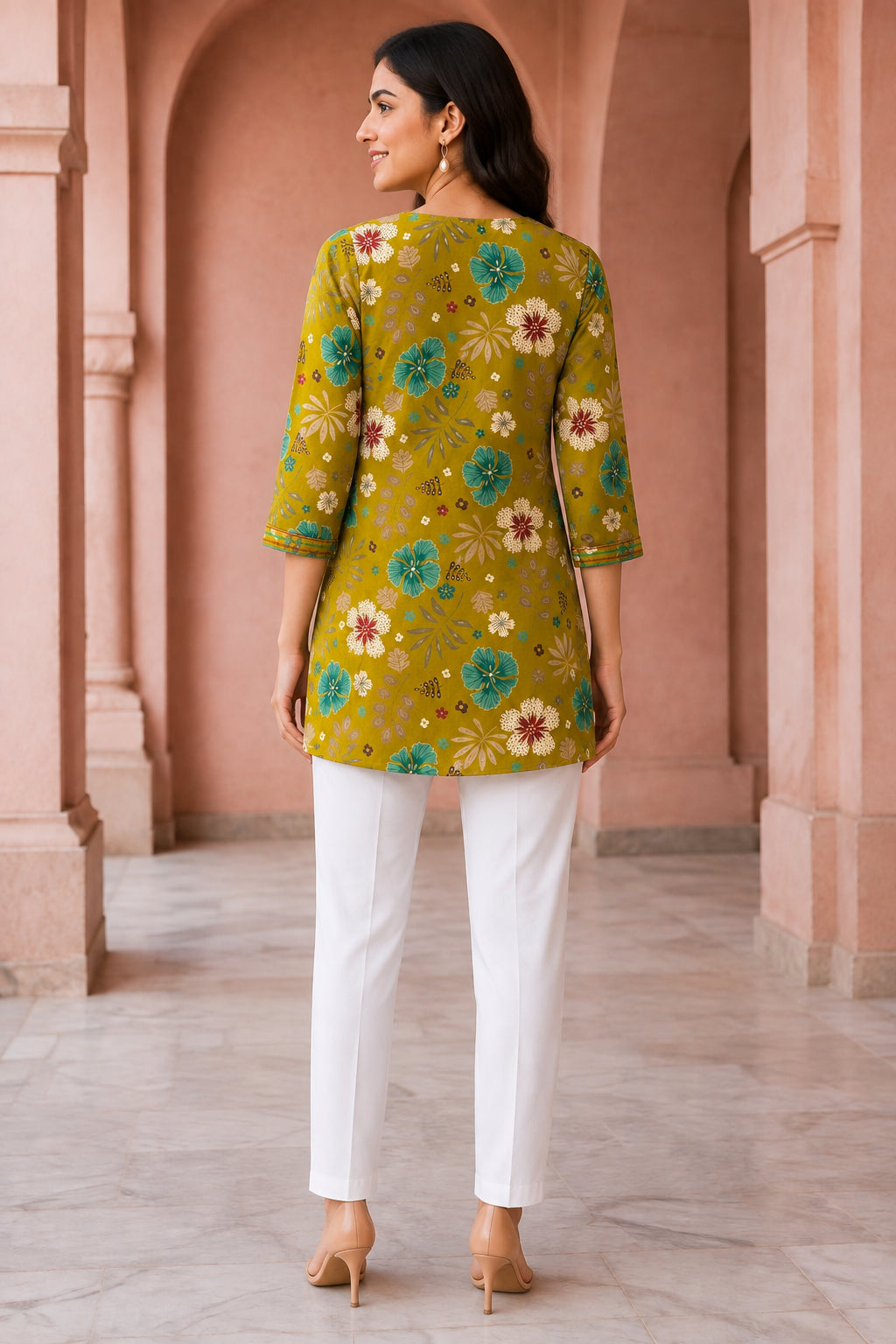 Peachmode Liril Green Rayon Floral Printed Embroidered Top - Image 4