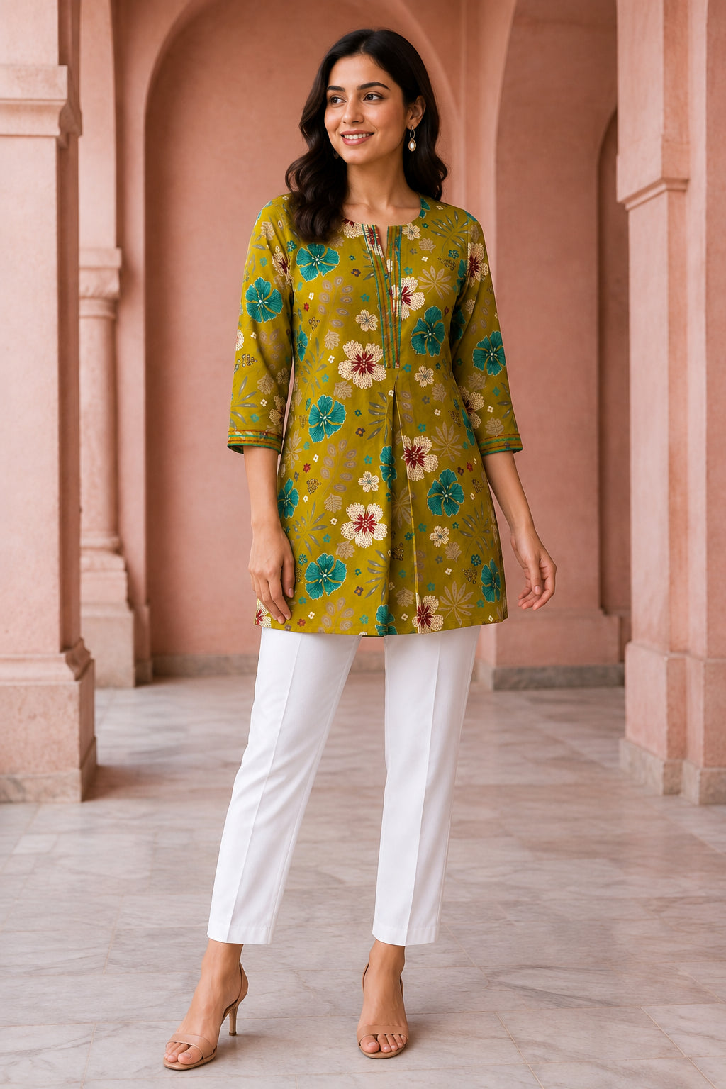 Peachmode Liril Green Rayon Floral Printed Embroidered Top - Image 5