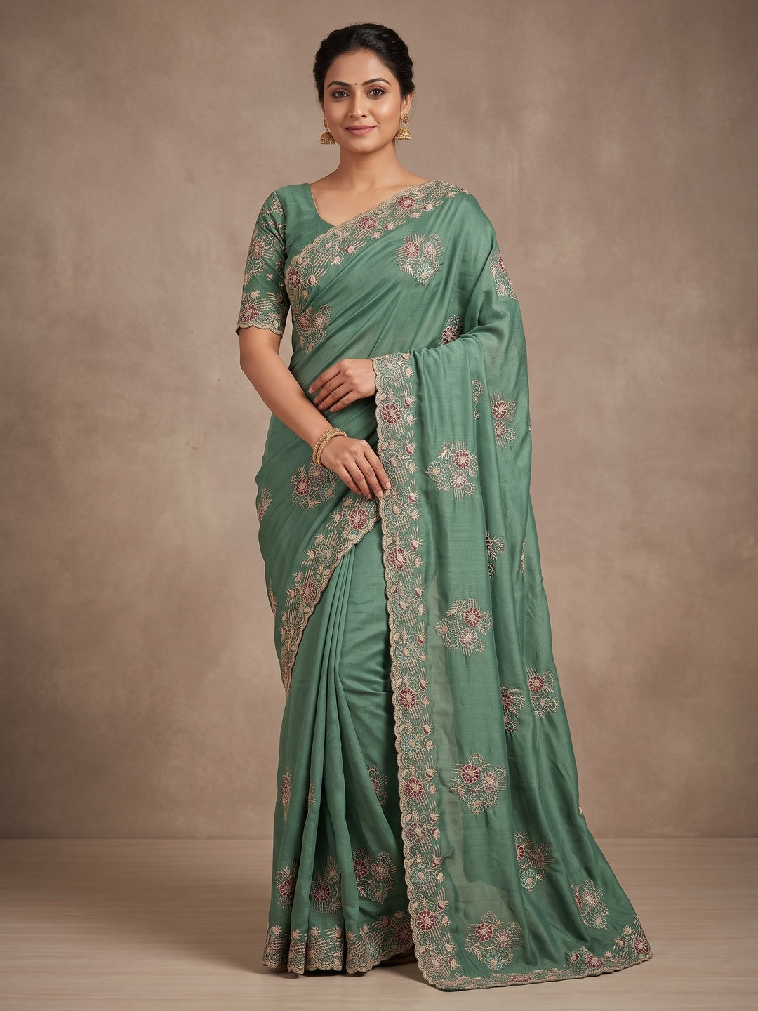 Peachmode Sea Green Georgette Kanak Vol 1 Embroidered Saree - Image 1
