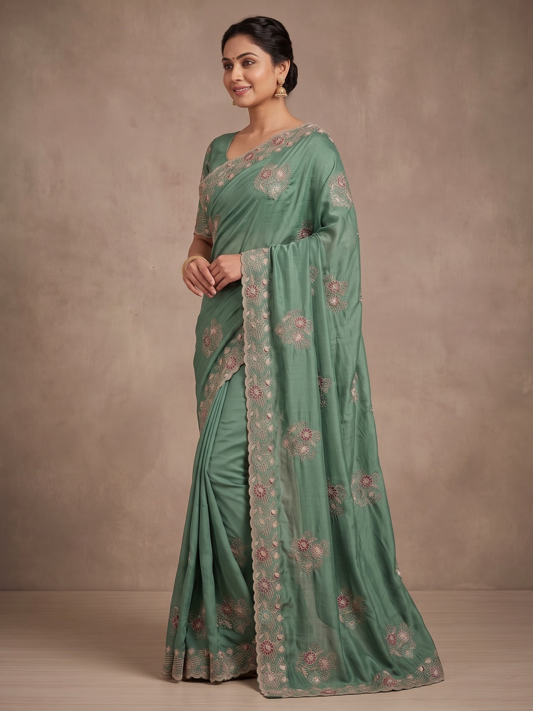 Peachmode Sea Green Georgette Kanak Vol 1 Embroidered Saree - Image 5