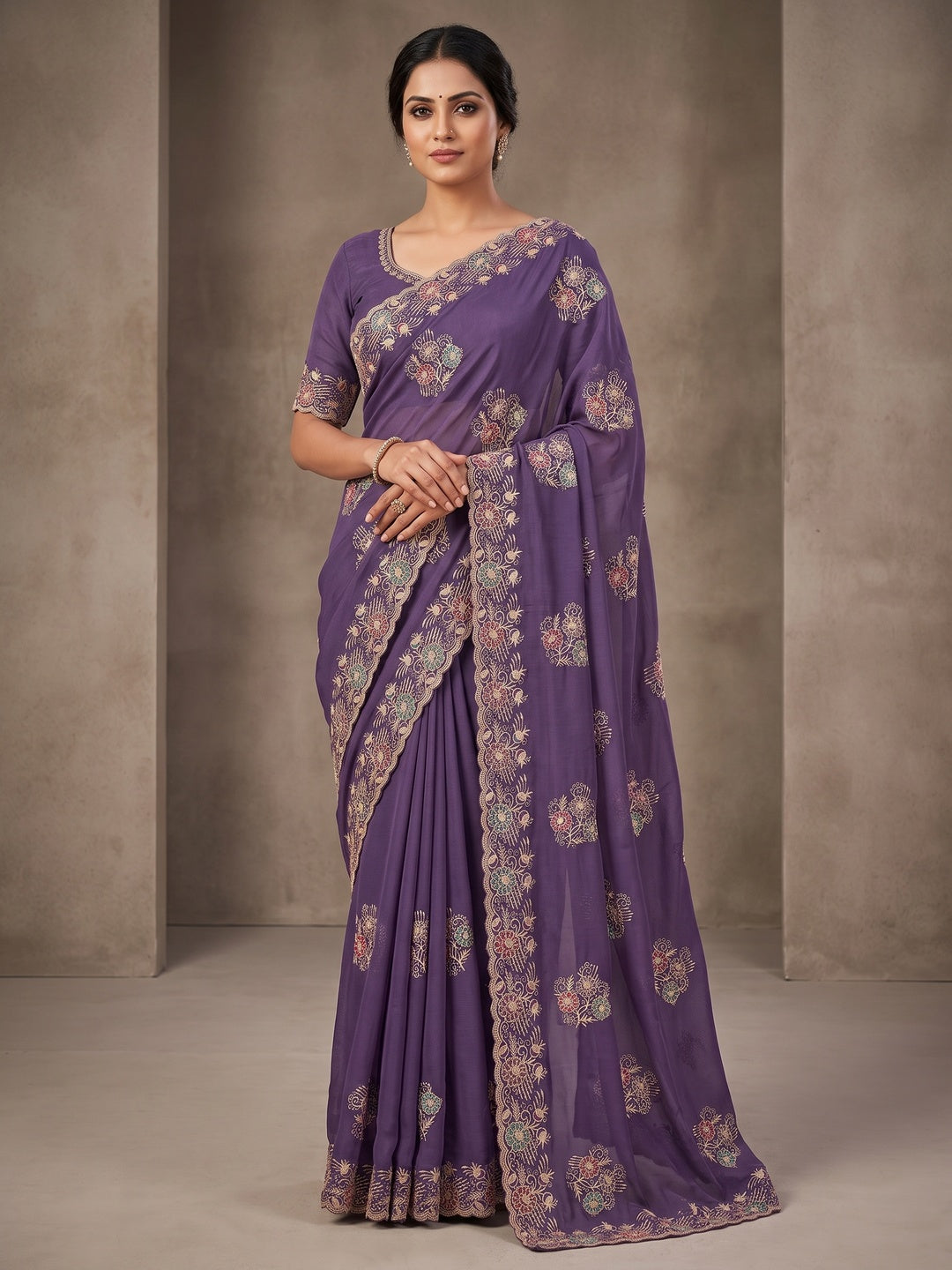Peachmode Purple Georgette Kanak Vol 1 Embroidered Saree - Image 1