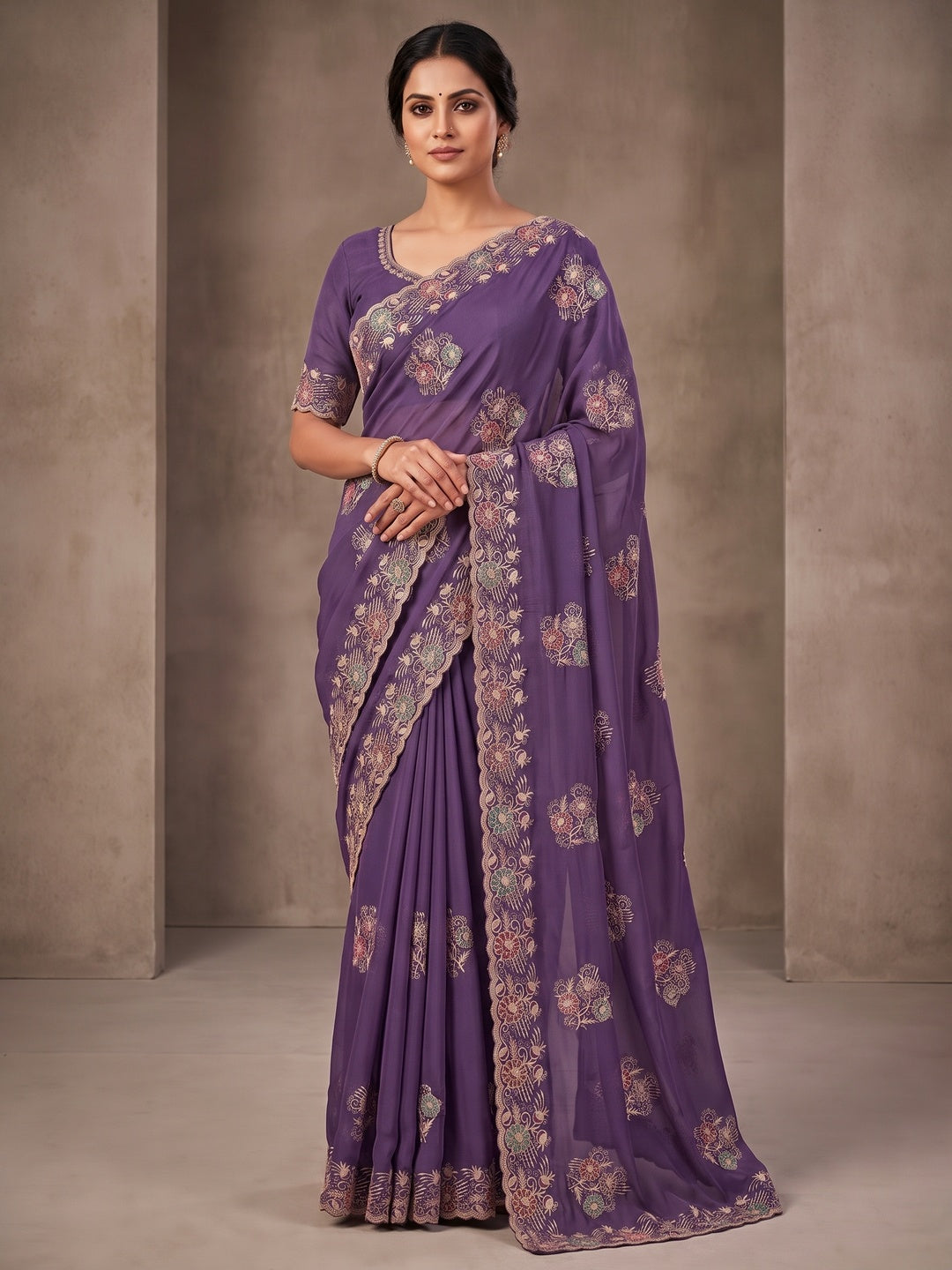 Peachmode Purple Georgette Kanak Vol 1 Embroidered Saree - Image 5