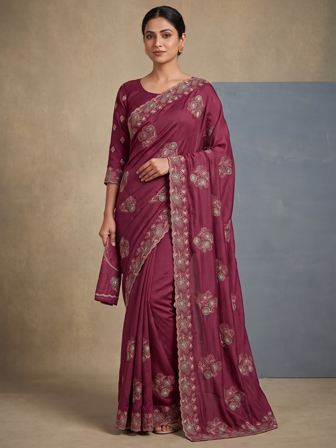 Peachmode Wine Georgette Kanak Vol 1 Embroidered Saree - Image 4