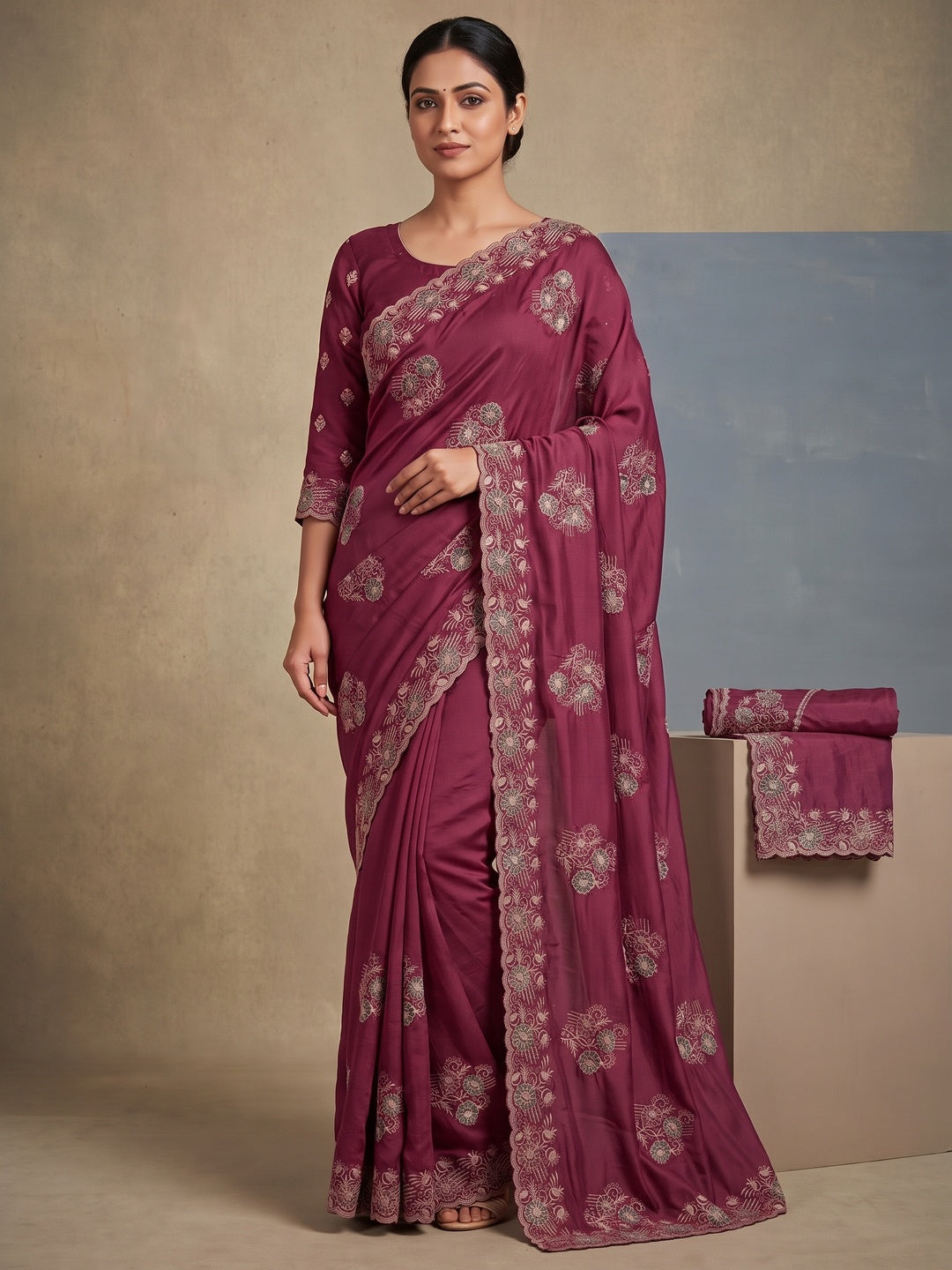 Peachmode Wine Georgette Kanak Vol 1 Embroidered Saree - Image 5