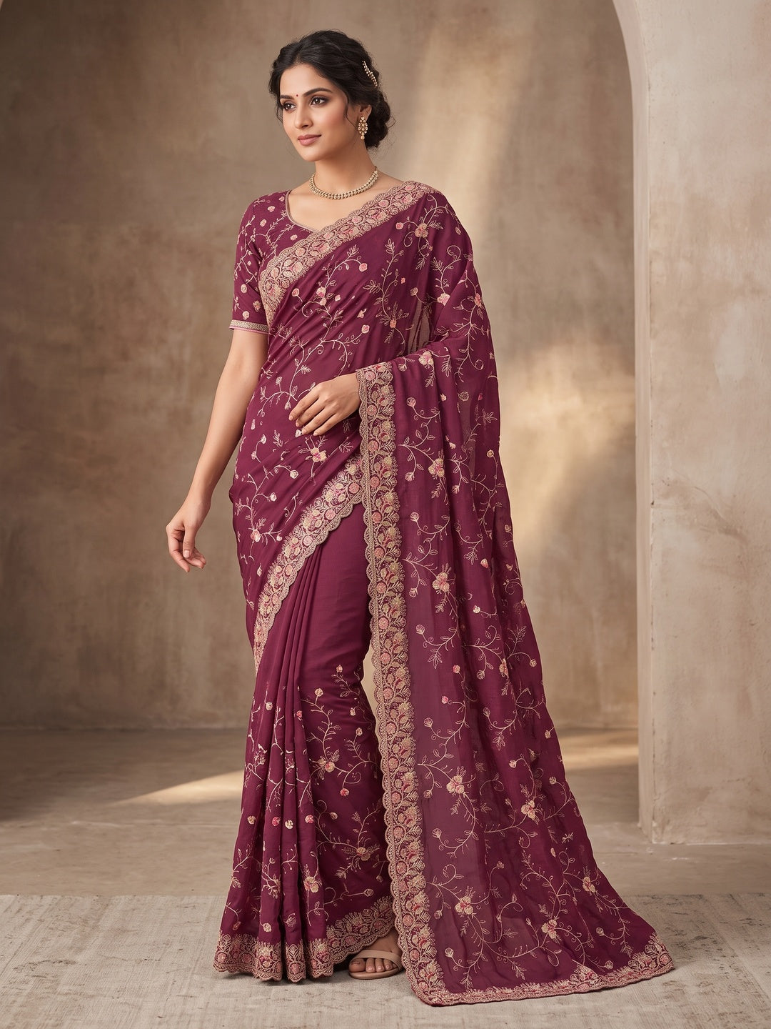 Peachmode Wine Georgette Kanak Vol 2 Embroidered Saree - Image 1