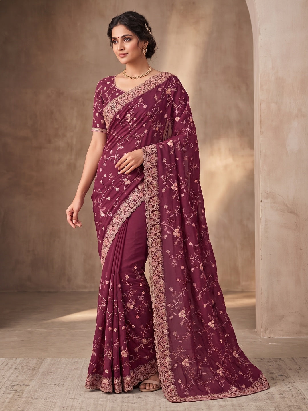 Peachmode Wine Georgette Kanak Vol 2 Embroidered Saree - Image 4