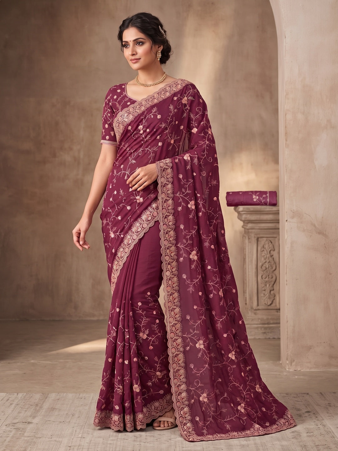 Peachmode Wine Georgette Kanak Vol 2 Embroidered Saree - Image 5