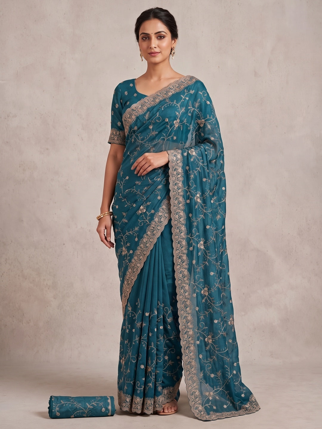 Peachmode Teal Blue Georgette Kanak Vol 2 Embroidered Saree - Image 4