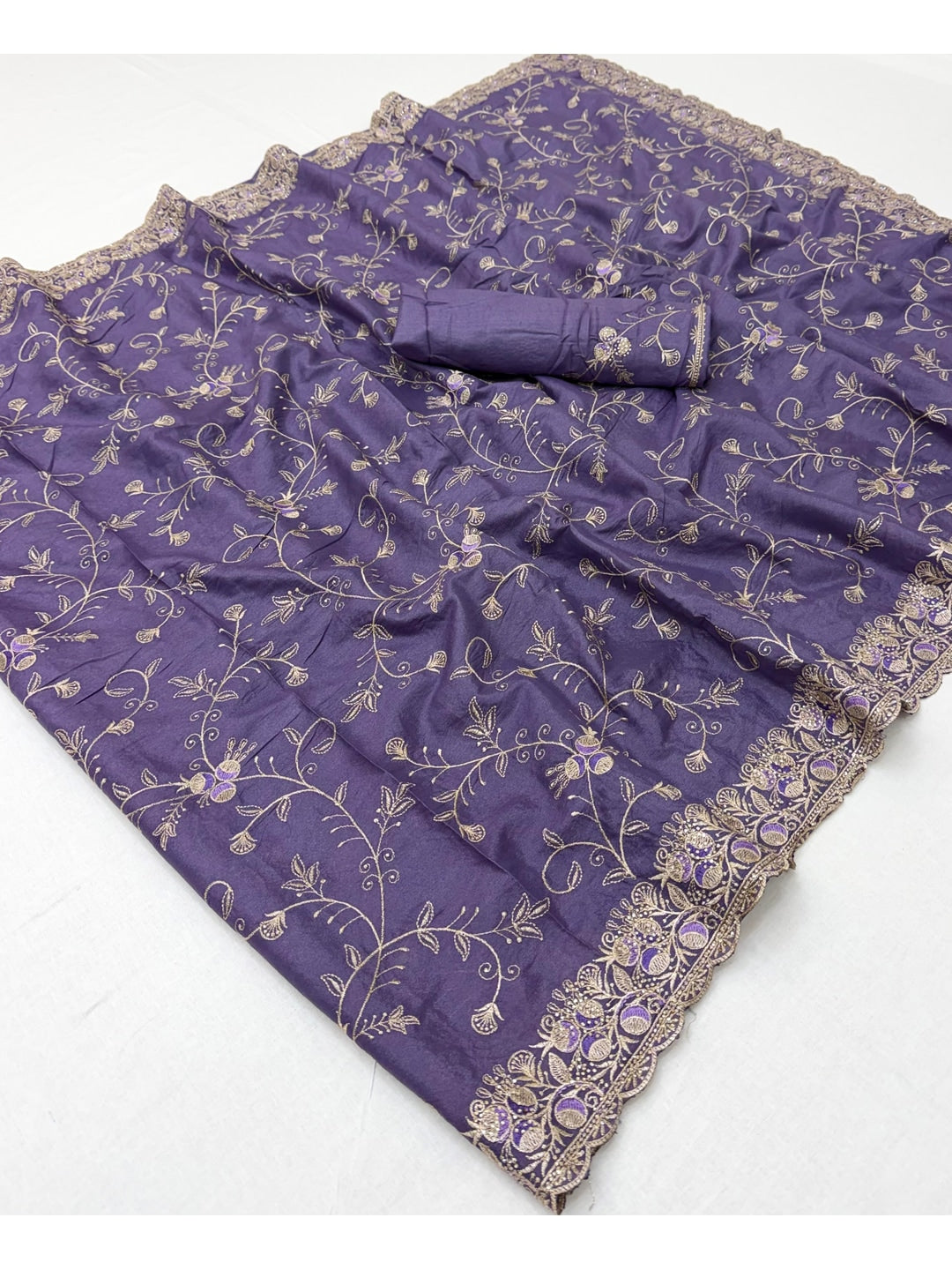 Peachmode Purple Georgette Kanak Vol 2 Embroidered Saree - Image 2