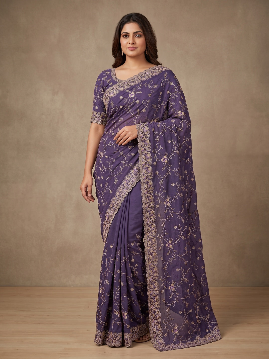 Peachmode Purple Georgette Kanak Vol 2 Embroidered Saree - Image 1
