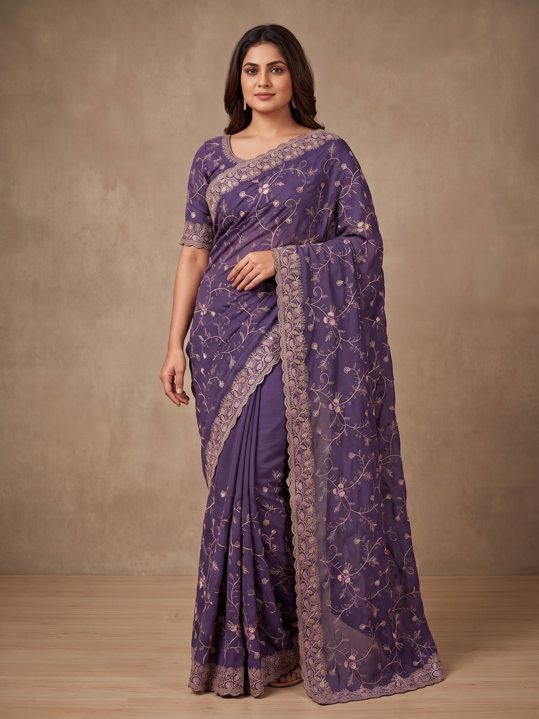 Peachmode Purple Georgette Kanak Vol 2 Embroidered Saree - Image 5