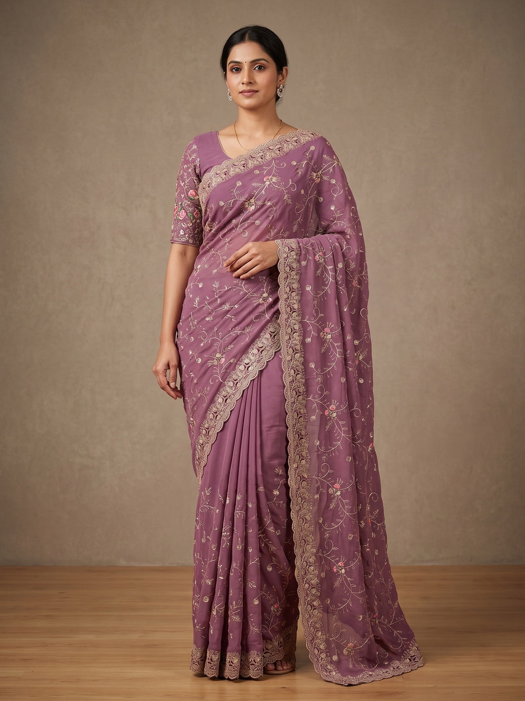 Peachmode Mauve Georgette Kanak Vol 2 Embroidered Saree - Image 1