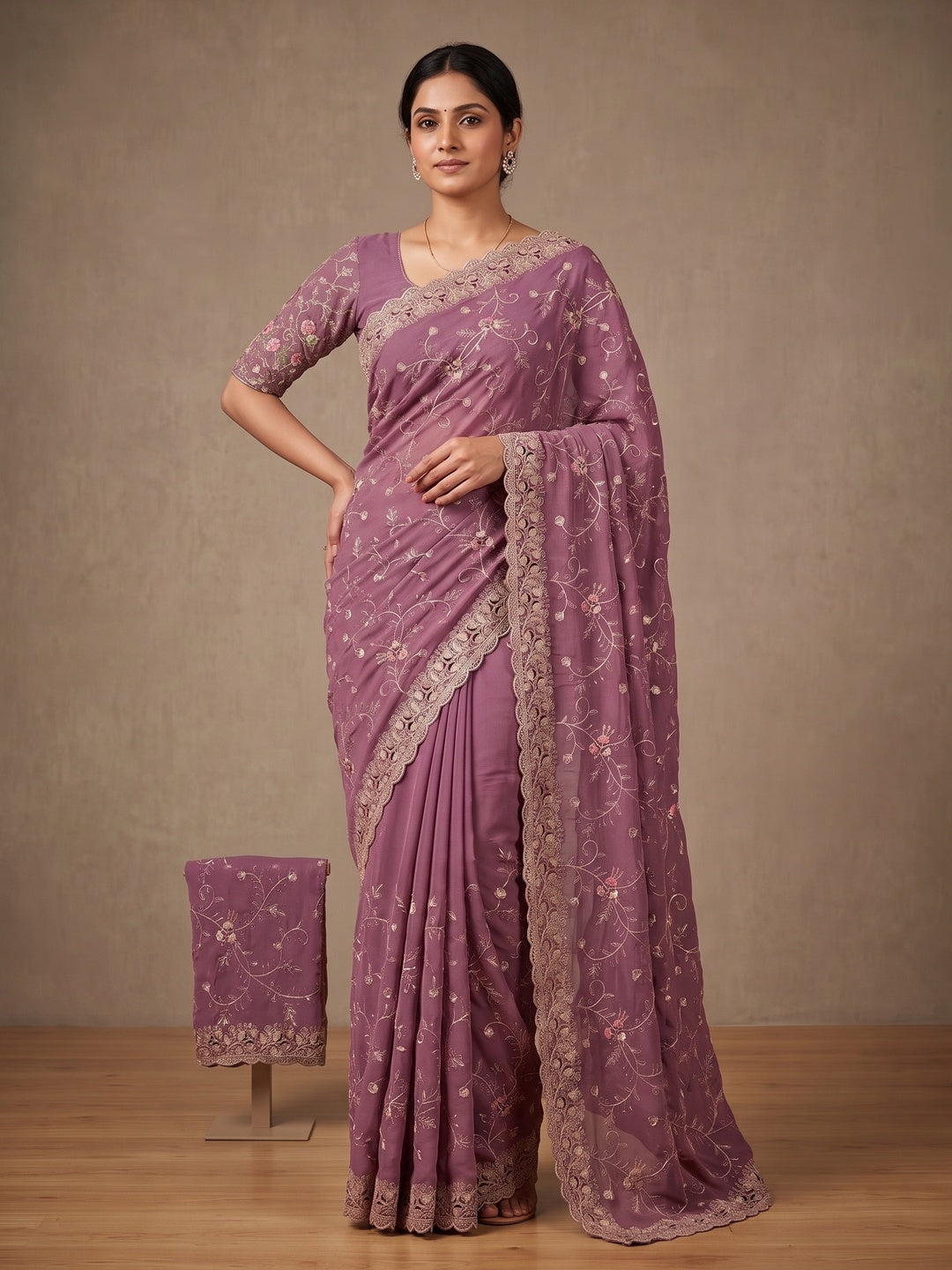 Peachmode Mauve Georgette Kanak Vol 2 Embroidered Saree - Image 5