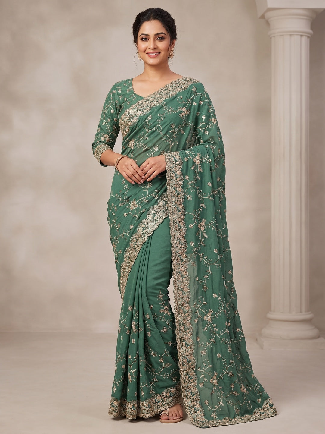 Peachmode Sea Green Georgette Kanak Vol 2 Embroidered Saree - Image 1