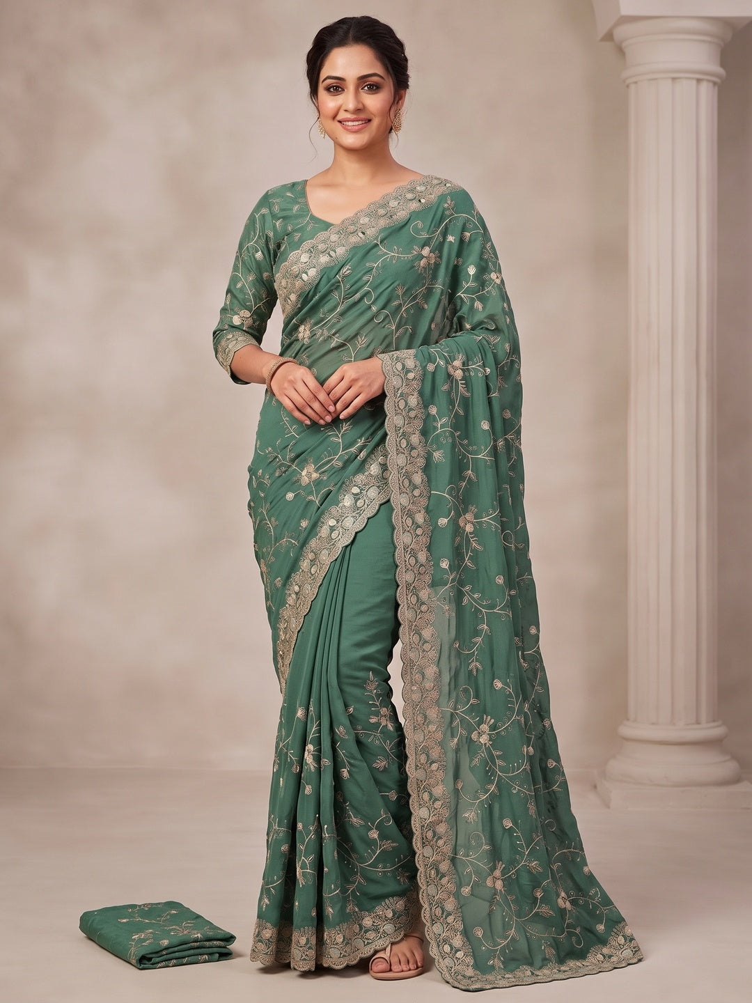 Peachmode Sea Green Georgette Kanak Vol 2 Embroidered Saree - Image 4