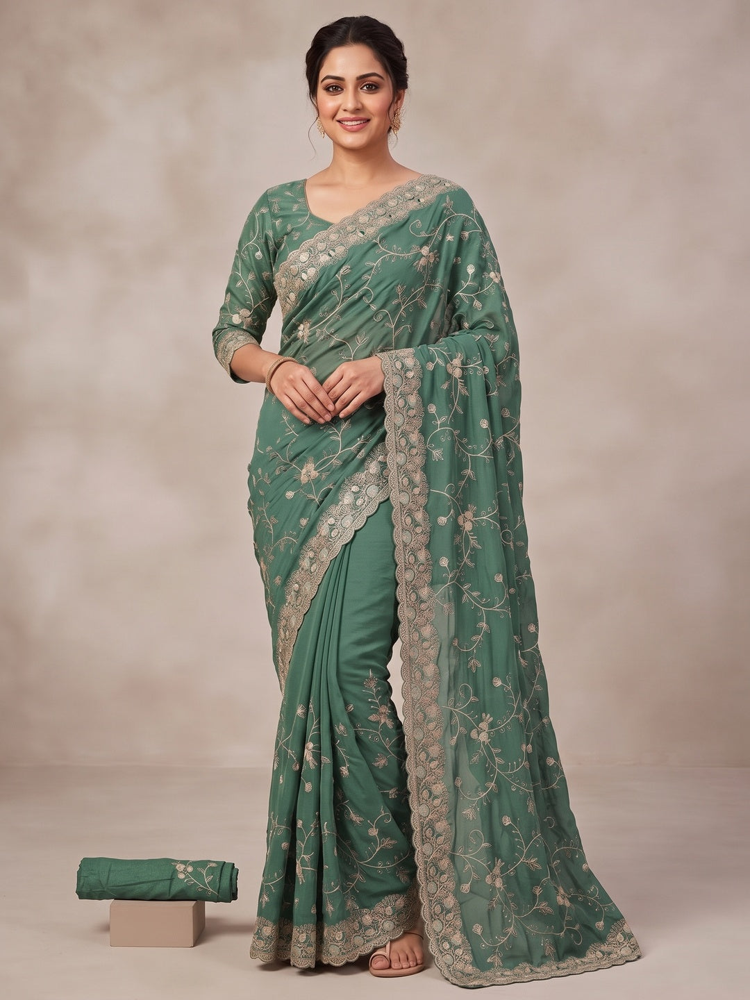 Peachmode Sea Green Georgette Kanak Vol 2 Embroidered Saree - Image 5