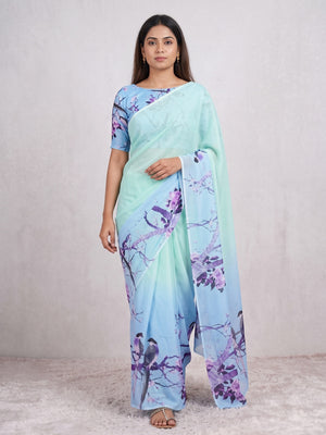 Light Turquoise Sparkle Star Georgette Saree Adorned With Floral & Bird Digital Prints - Image 2