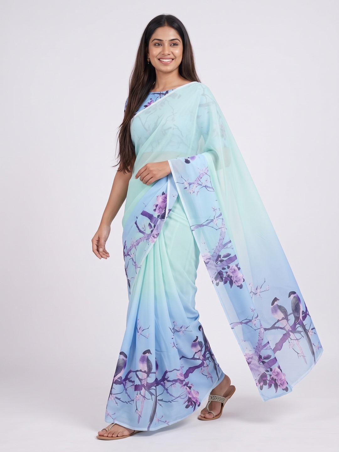 Light Turquoise Sparkle Star Georgette Saree Adorned With Floral & Bird Digital Prints - Image 1