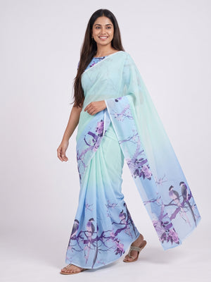 Light Turquoise Sparkle Star Georgette Saree Adorned With Floral & Bird Digital Prints - Image 1