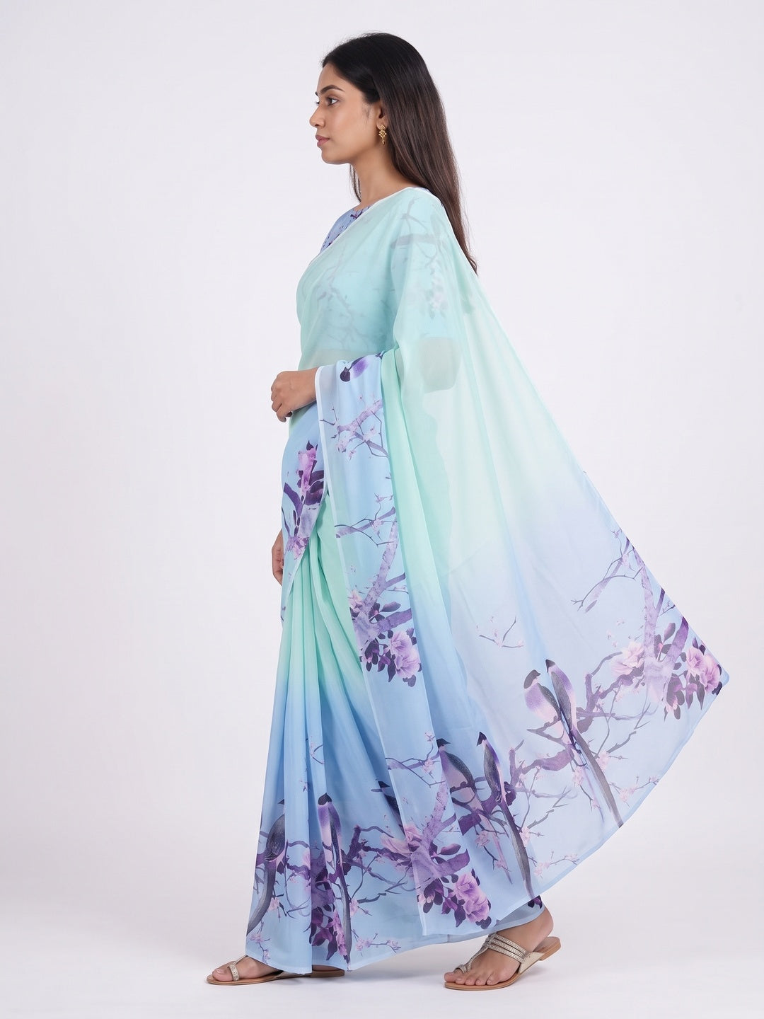 Light Turquoise Sparkle Star Georgette Saree Adorned With Floral & Bird Digital Prints - Image 4