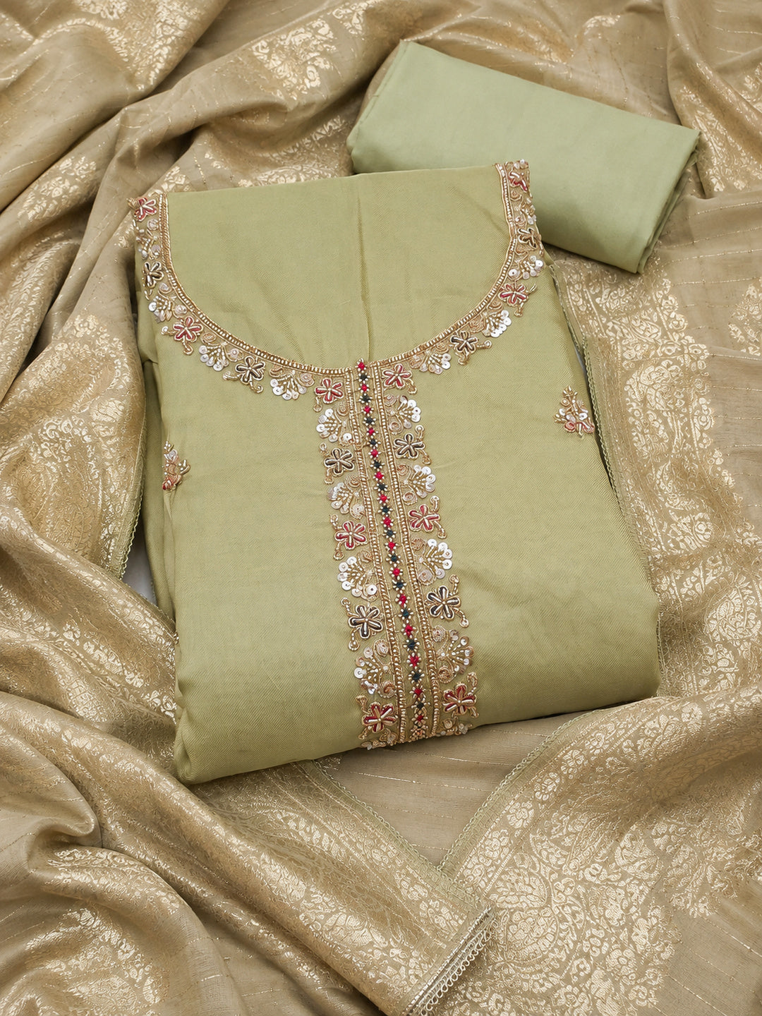Peachmode Green Unstitched Dress Material - Image 1