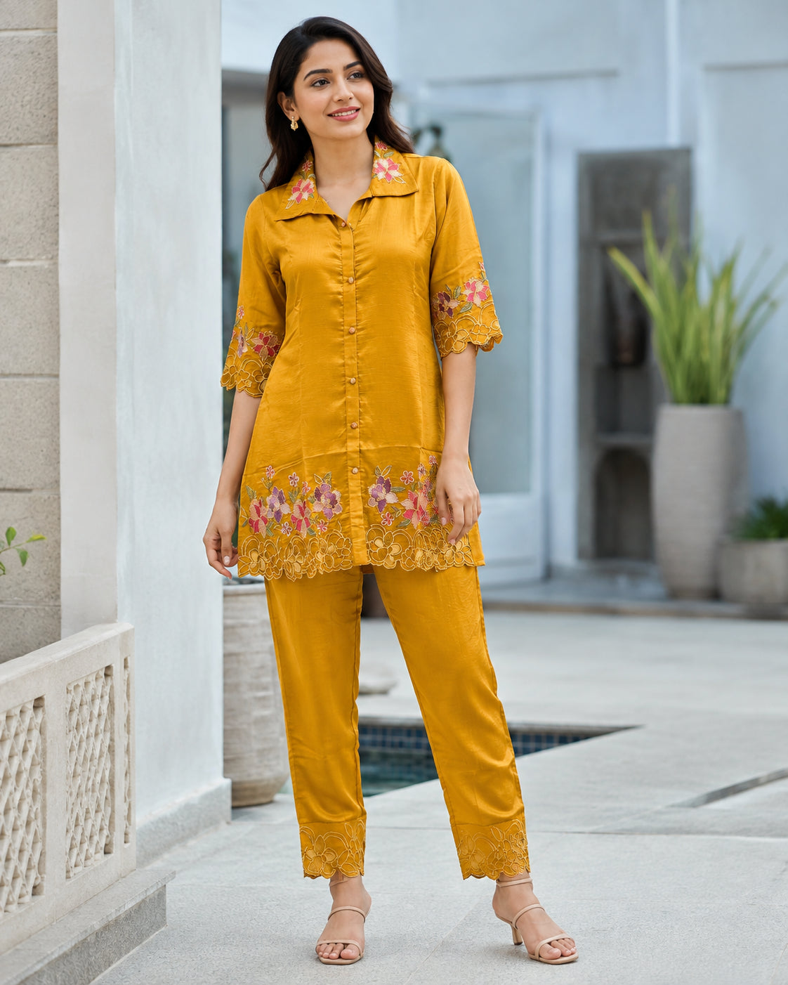 Peachmode Mustard Yellow Chinon Blend Floral Embroidered Top Bottom Set - Image 1