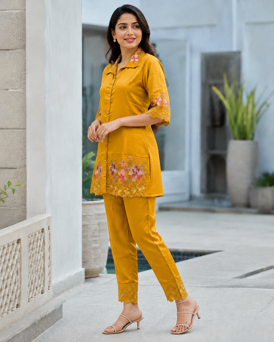 Peachmode Mustard Yellow Chinon Blend Floral Embroidered Top Bottom Set - Image 3