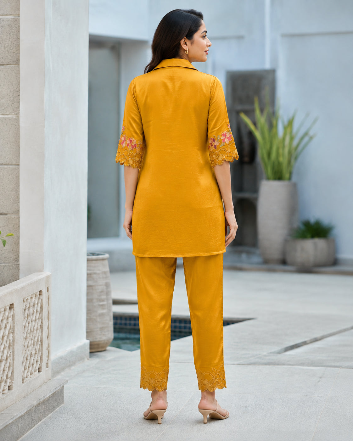 Peachmode Mustard Yellow Chinon Blend Floral Embroidered Top Bottom Set - Image 4