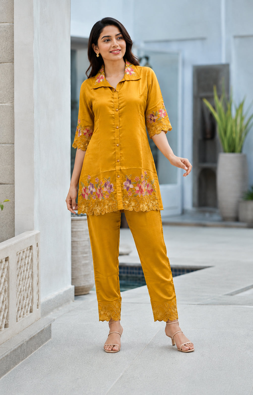 Peachmode Mustard Yellow Chinon Blend Floral Embroidered Top Bottom Set - Image 5