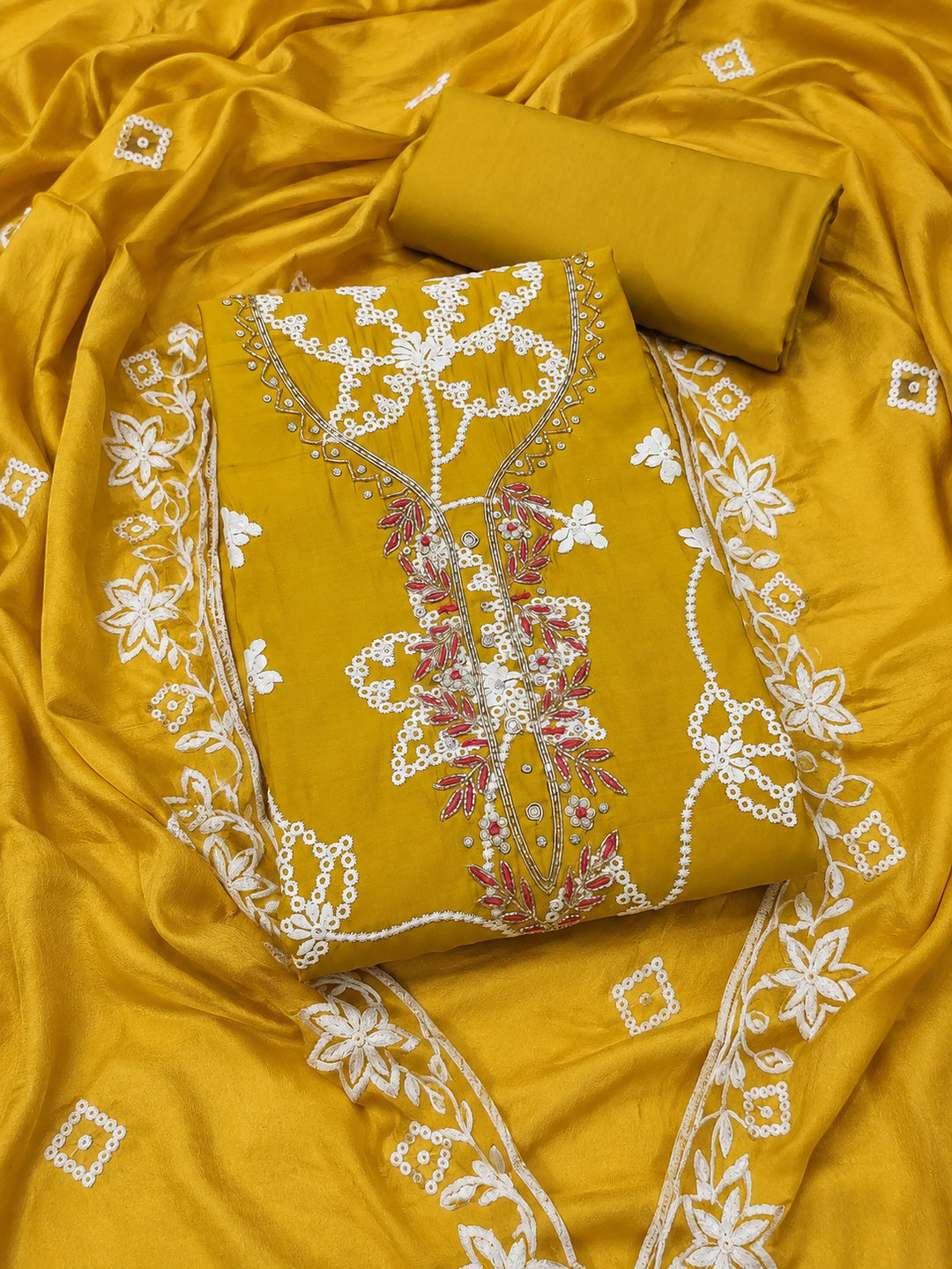 Peachmode Mustard Unstitched Dress Material - Image 1
