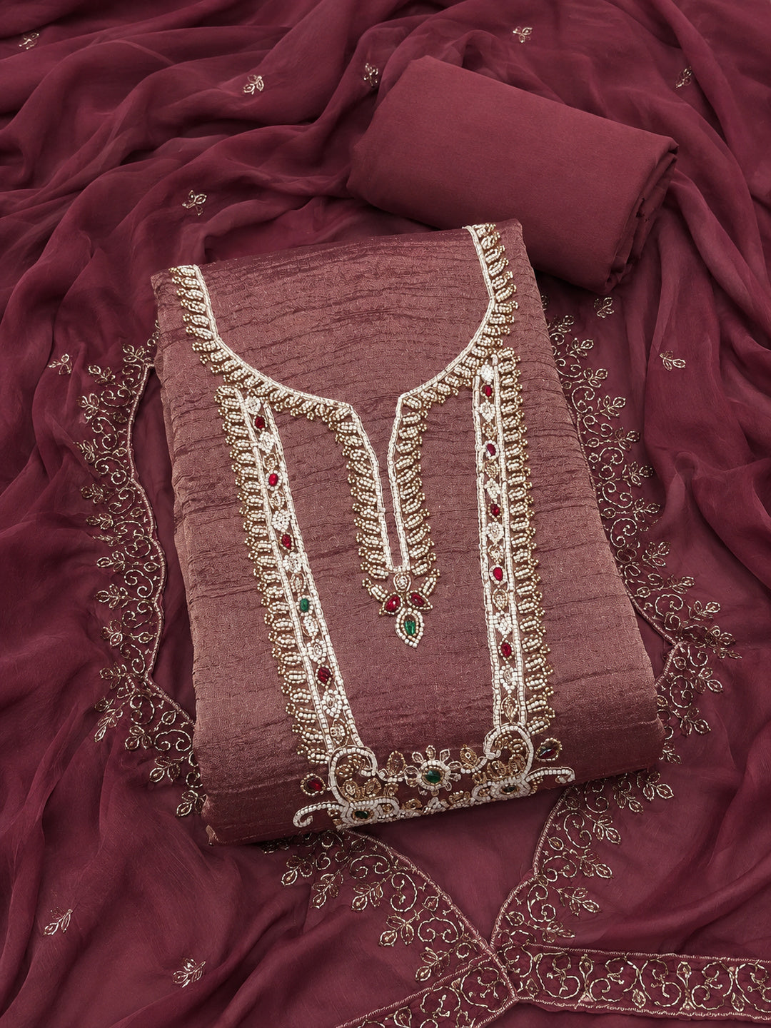 Peachmode Maroon Unstitched Dress Material - Image 1