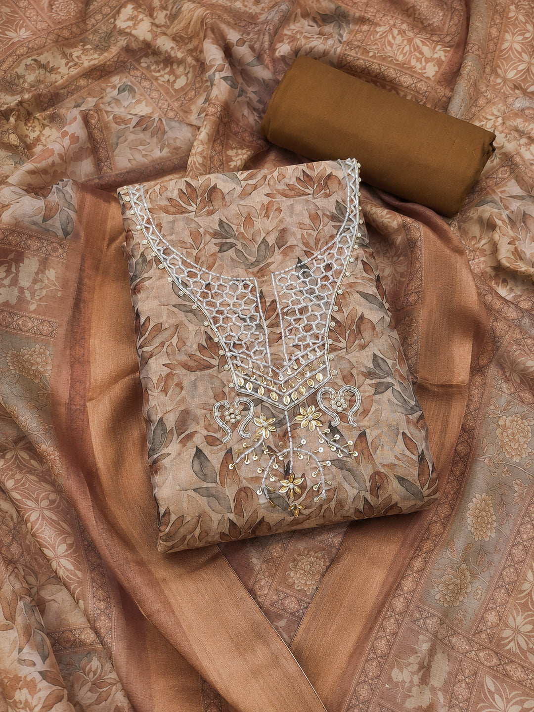 Peachmode Brown Unstitched Dress Material - Image 1
