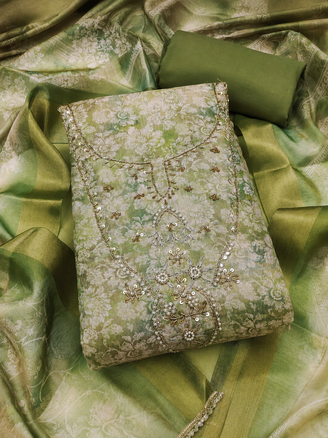 Peachmode Green Unstitched Dress Material - Image 1
