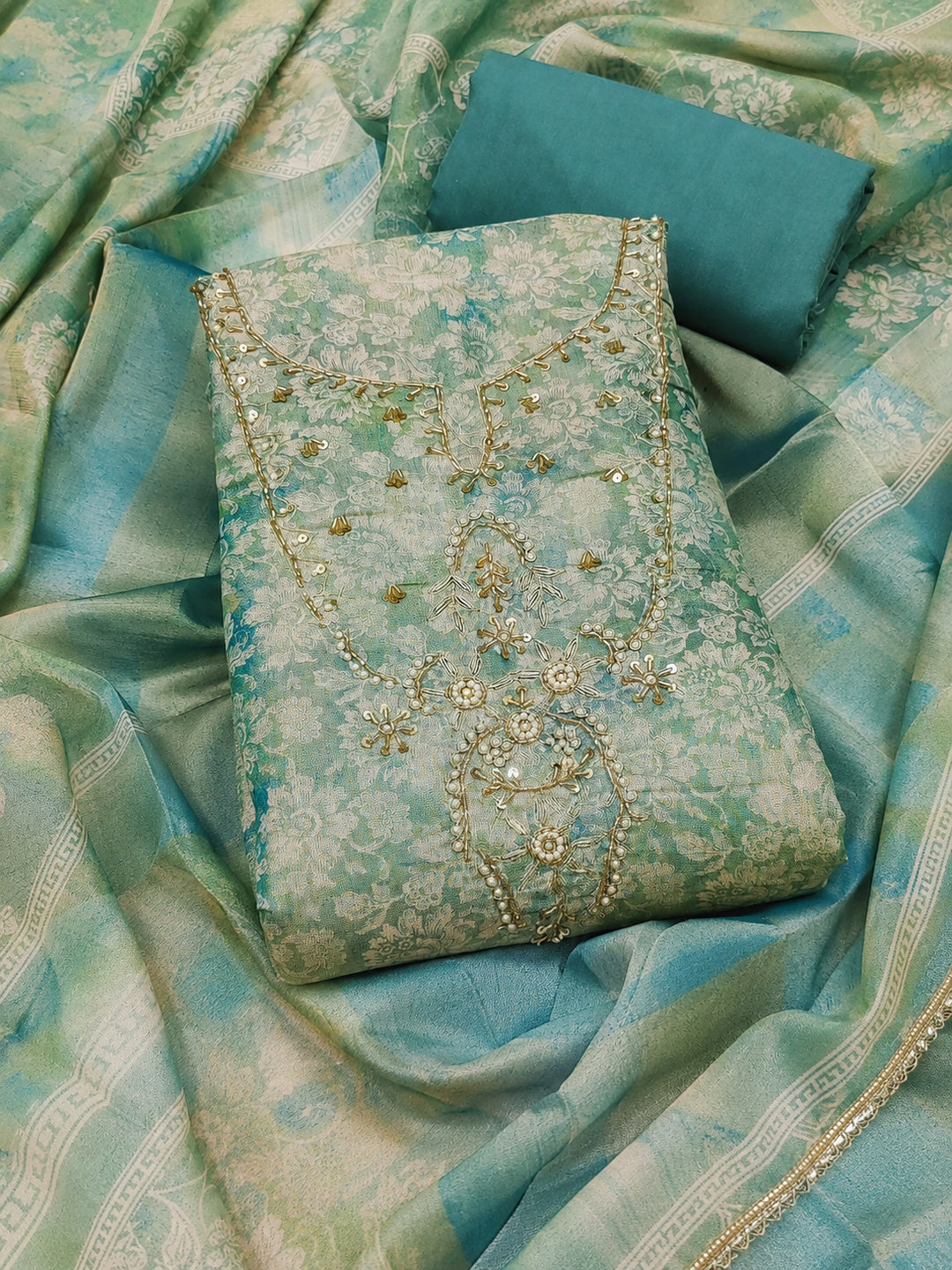 Peachmode Turquoise Unstitched Dress Material - Image 1