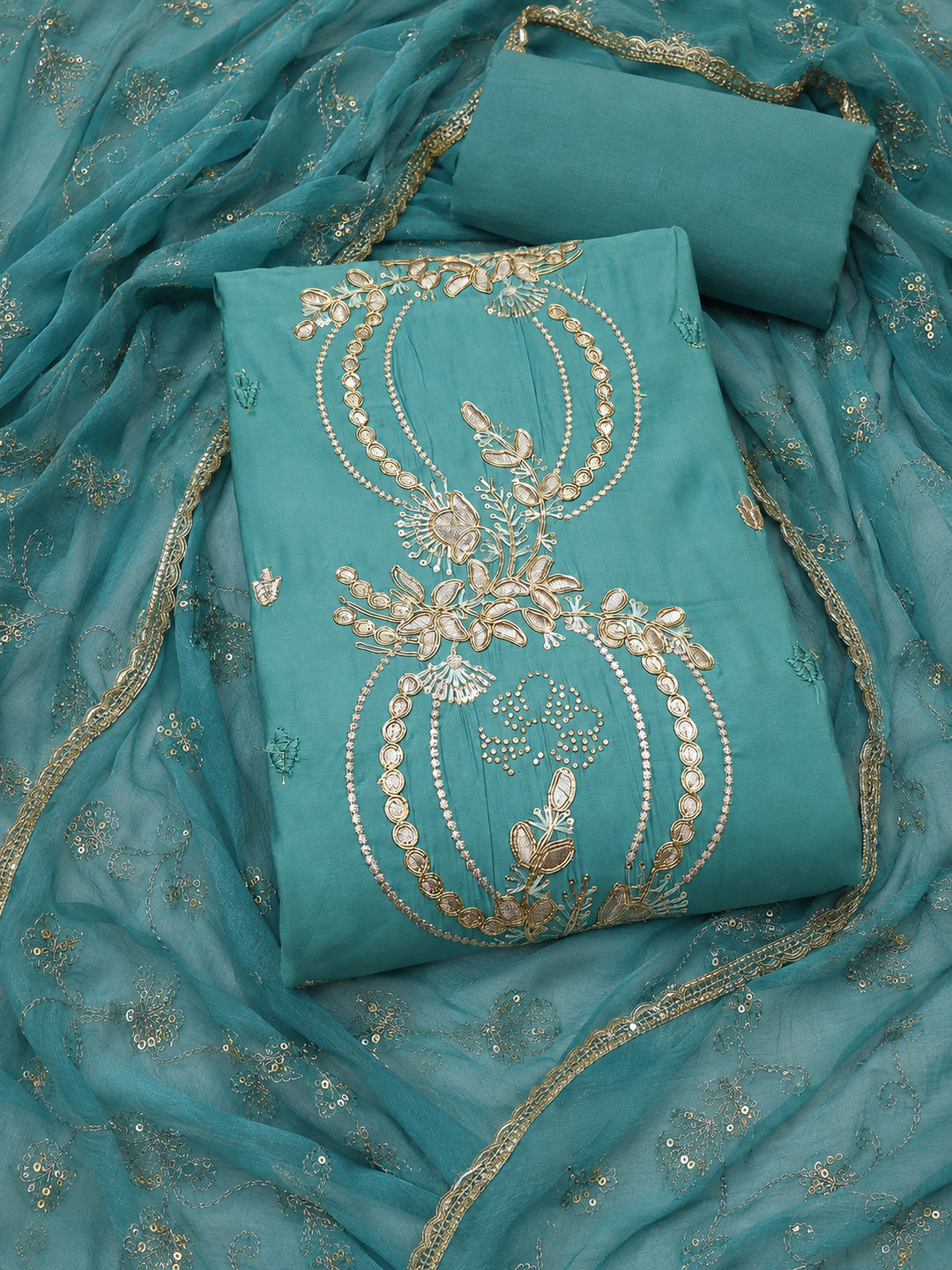 Peachmode Turquoise Unstitched Dress Material - Image 1