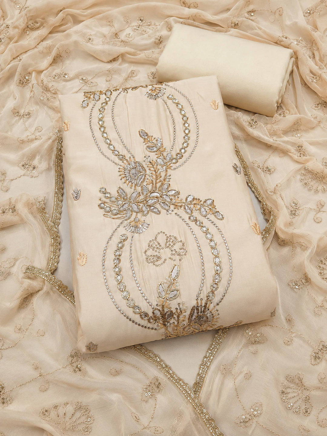 Peachmode Cream Unstitched Dress Material - Image 1