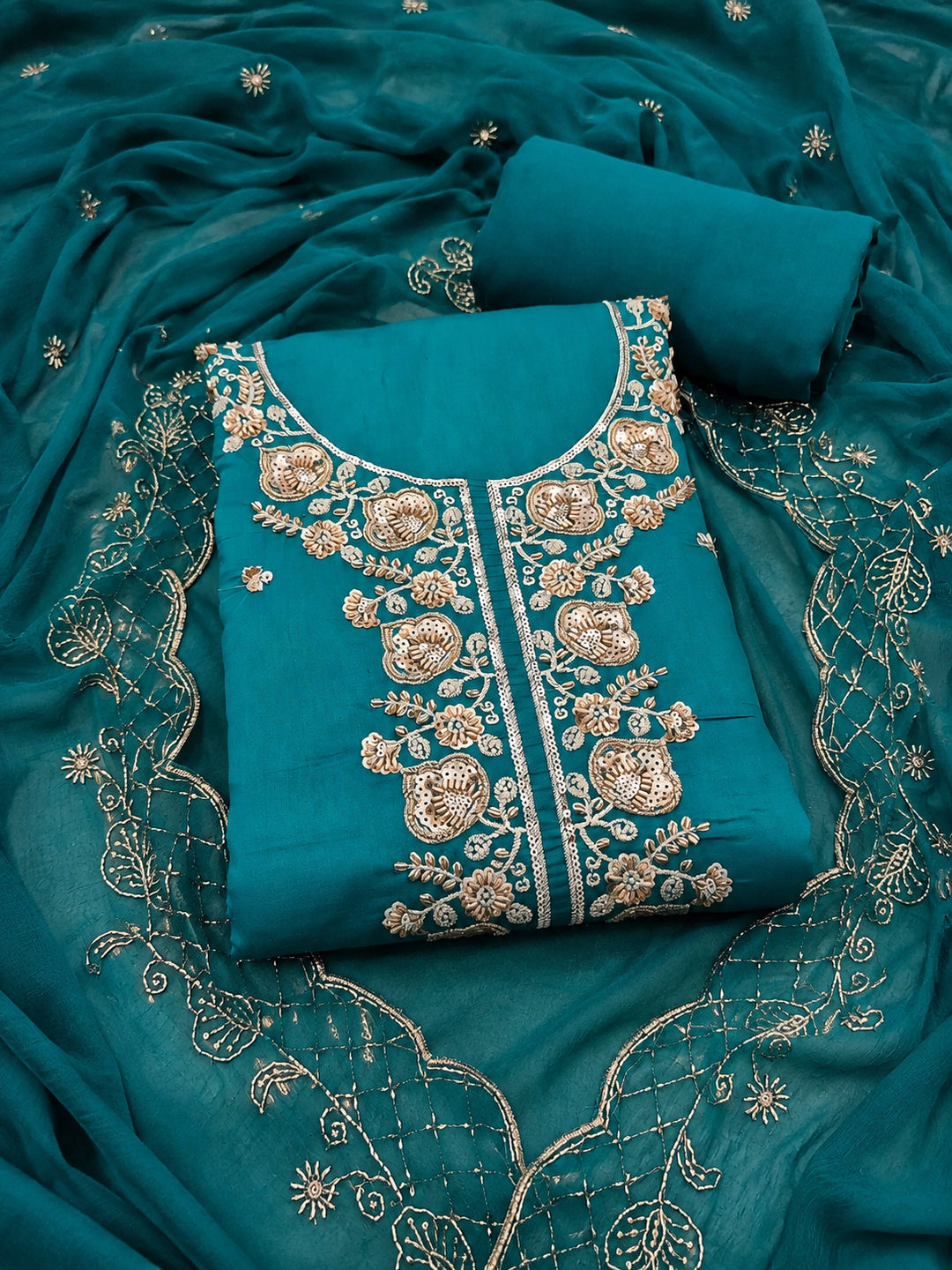 Peachmode Turquoise Unstitched Dress Material - Image 1