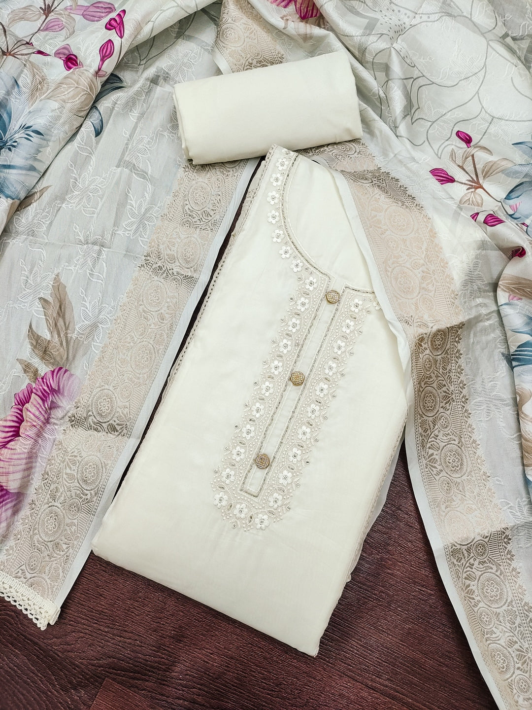 Peachmode Cream Unstitched Dress Material - Image 1