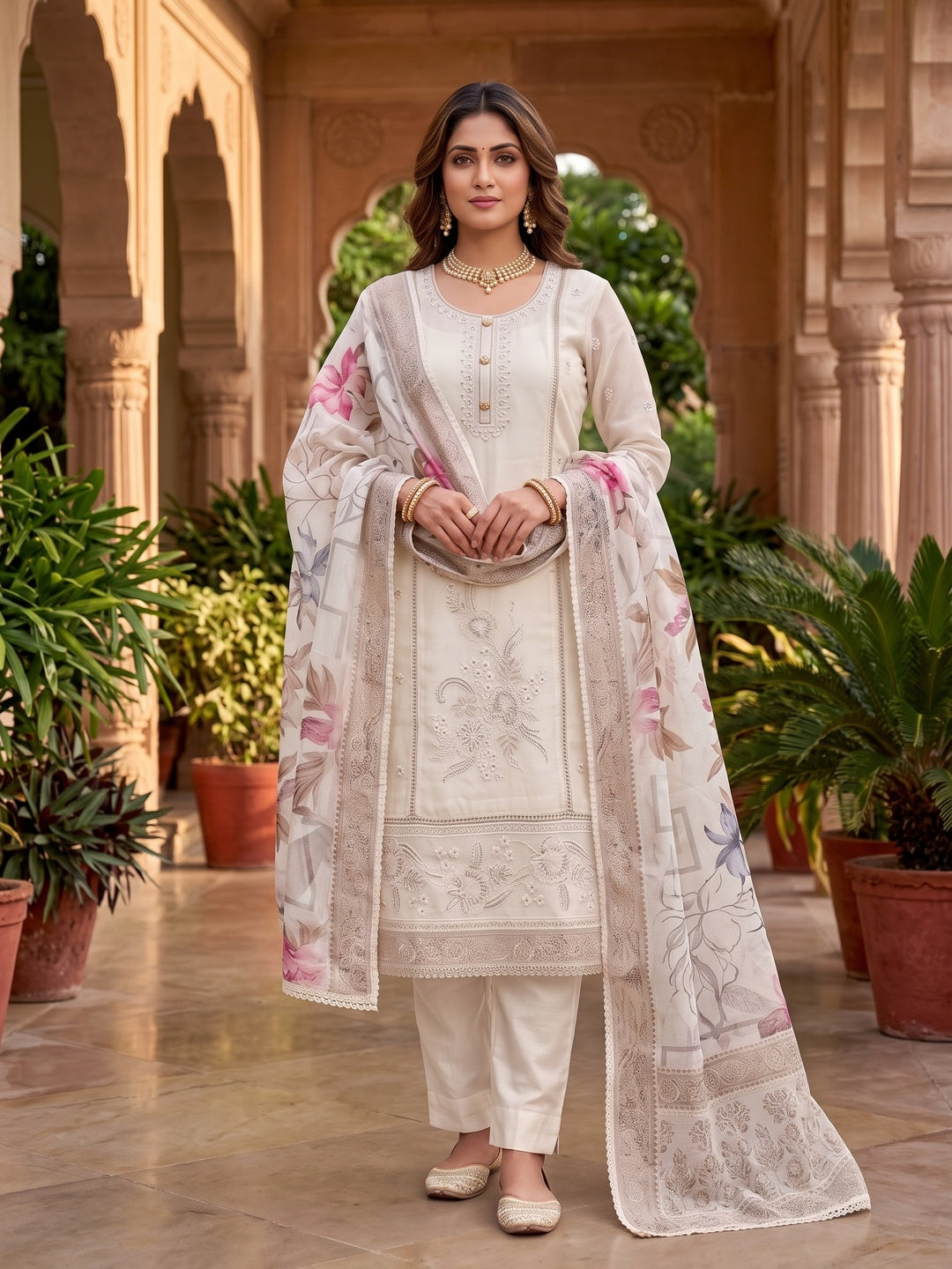 Peachmode Cream Unstitched Dress Material - Image 2